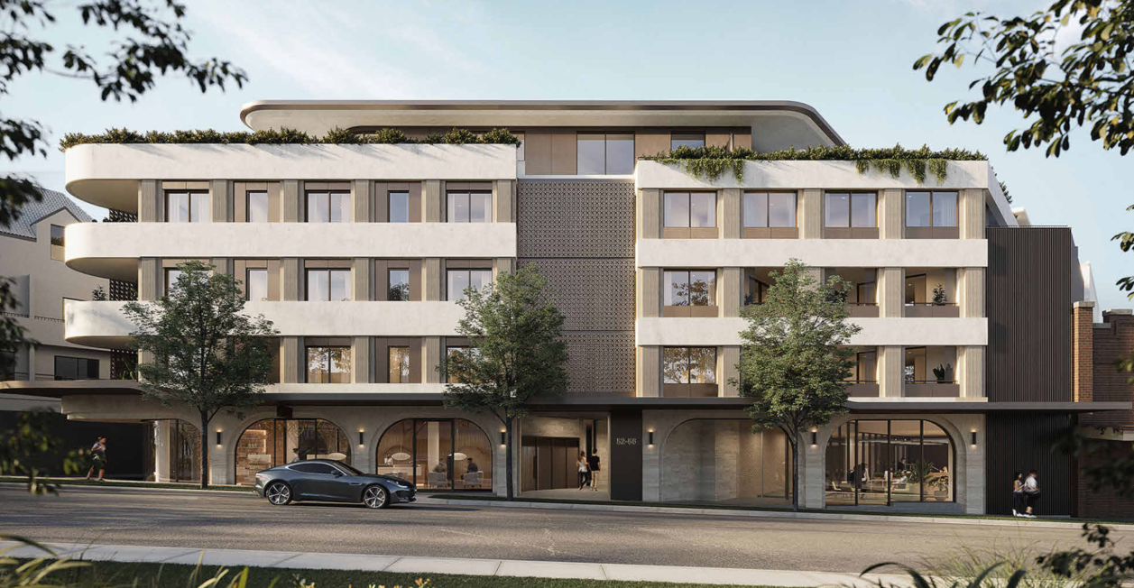 Artist’s impression of the proposed completed development, with curved balconies and ground-floor shopfronts